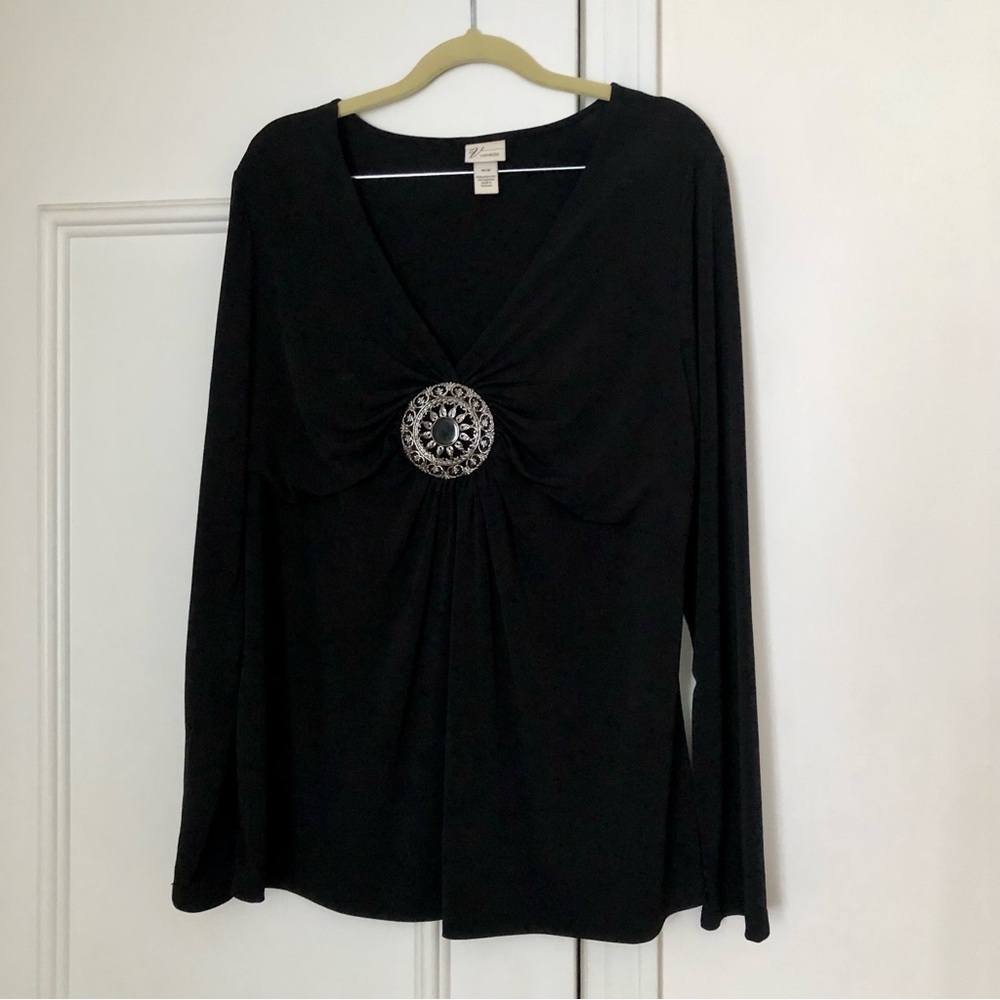 Venezia Black V-Neck Top Silver Medallion ruched 14/16 L XL vintage